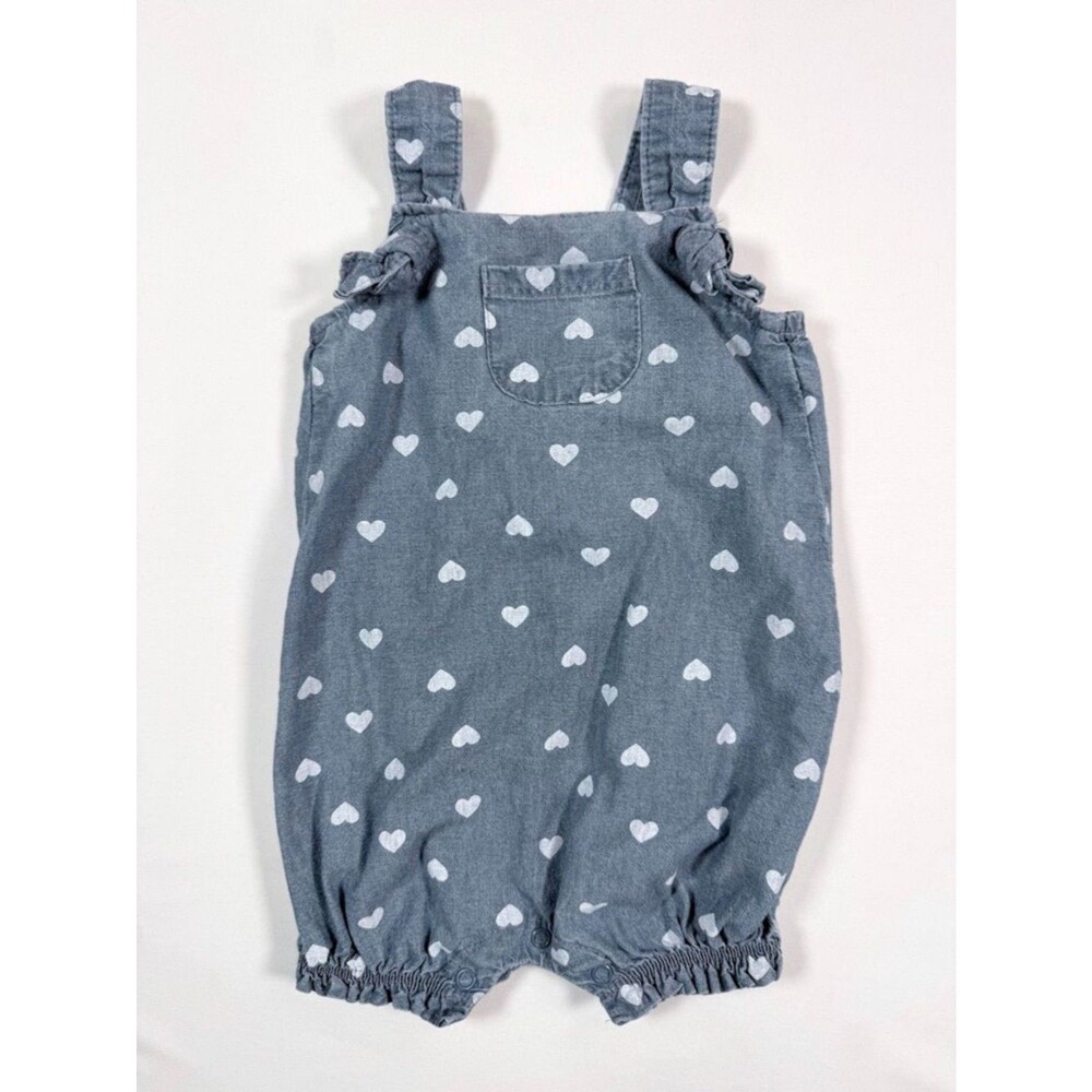 CARTERS Baby Girl Chambray Romper 9M Blue Heart Print Sweet‎ Cottagecore Summer